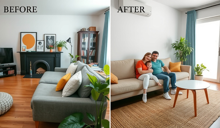 Before and after of family living room renovation
