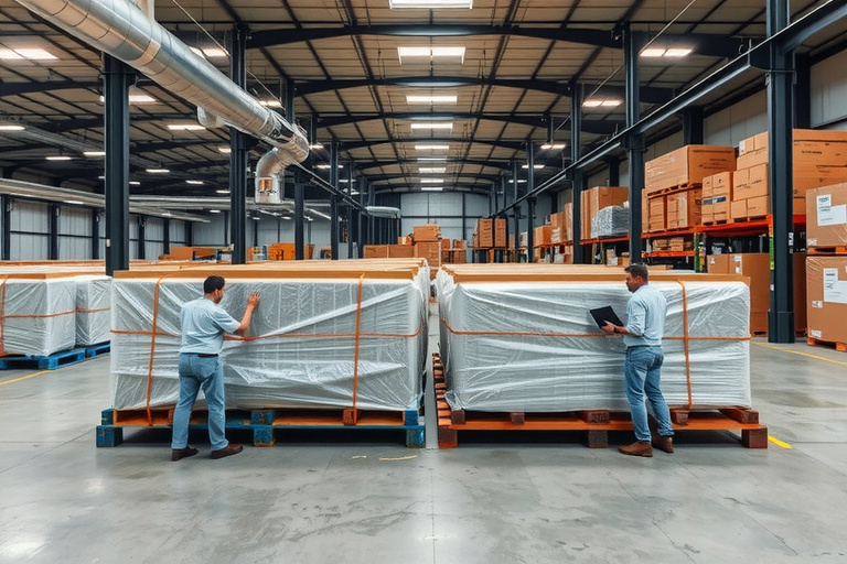 Modern furniture being carefully packaged for shipping