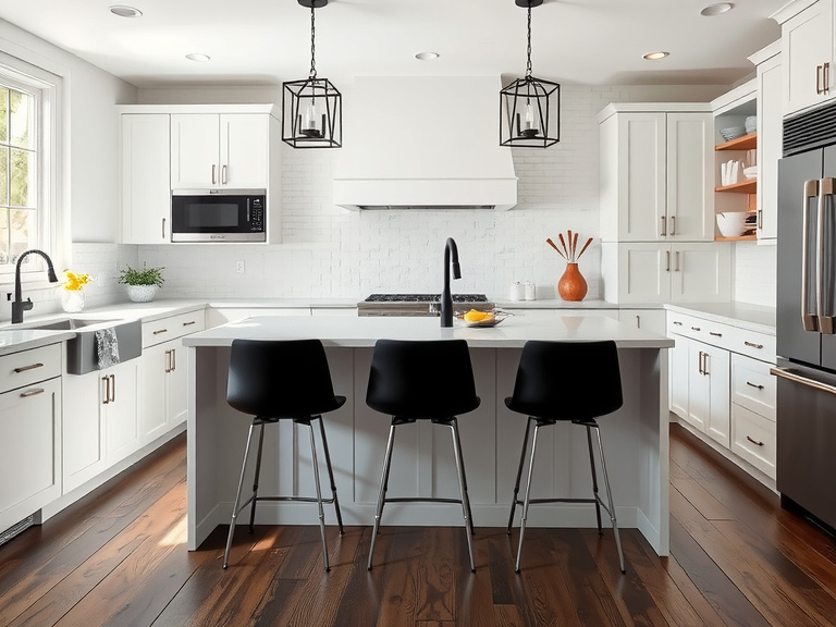Contemporary kitchen with island seating and pendant lights