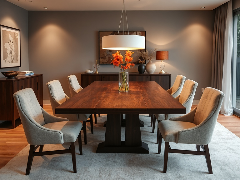 Modern dining room with extendable table and upholstered chairs