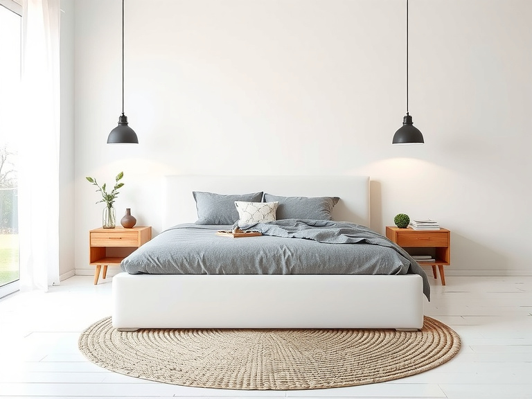 Scandinavian-style bedroom with platform bed and nightstands