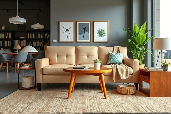 Modern leather sofa in beige color with wooden legs